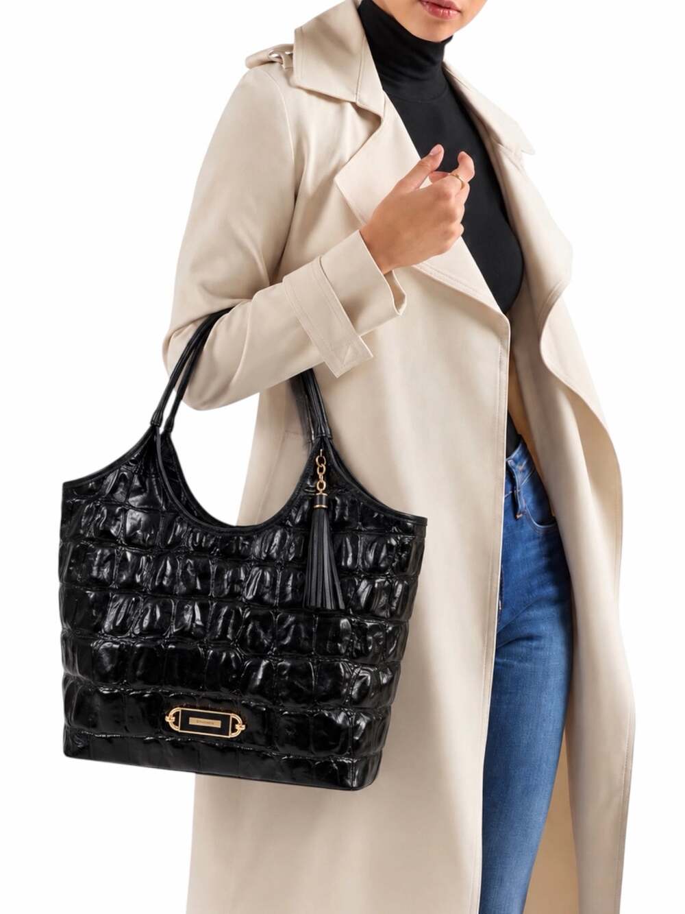 Brahmin Iona Large Leather Tote Bag Crocodile Pattern Black